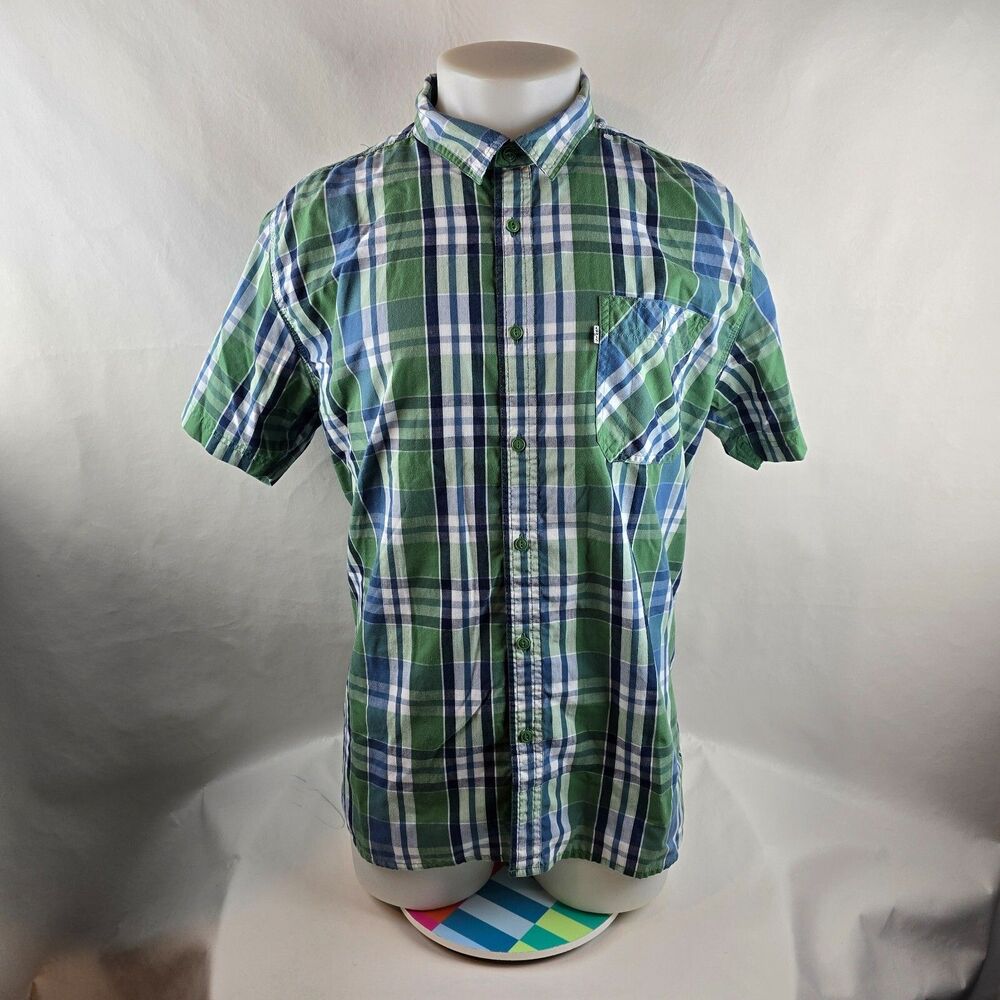 Levis Shirt Mens XL Green Button Up Plaid Check Casual Dadcore Short Sleeve